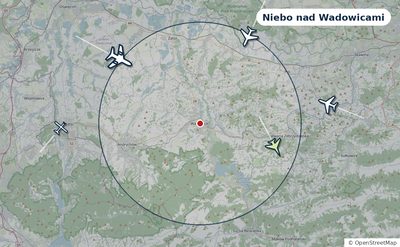 Mapa okolic miasta z sylwetkami samolotów — Niebo nad Wadowicami na żywo
