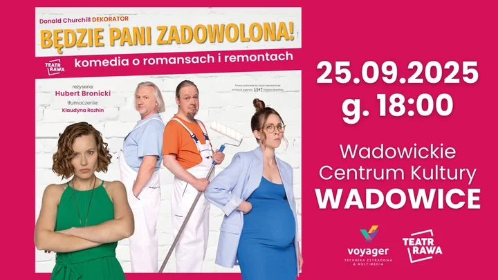Obrazek przedstawia grafikę promocyjną wydarzenia Komediowy spektakl o romansach i remontach w Wadowickim Centrum Kultury