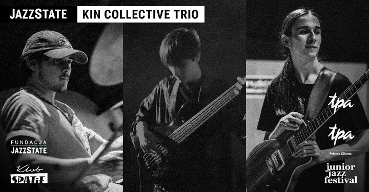 Obrazek przedstawia grafikę promocyjną wydarzenia Wieczór młodego jazzu w SPATiF: Kin Collective Trio oraz laureaci Wadowice Junior Jazz Festival