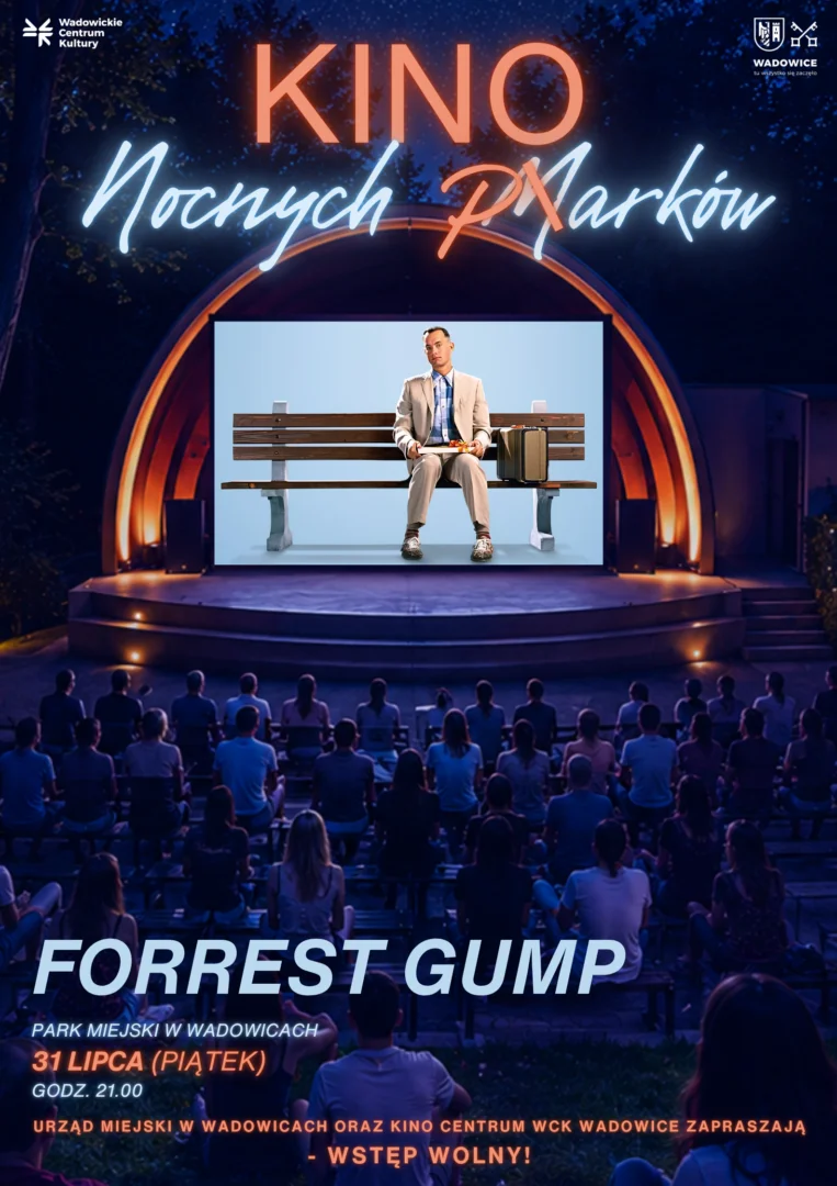 Grafika promocyjna wydarzenia Kino Nocnych Parków – „Forrest Gump”