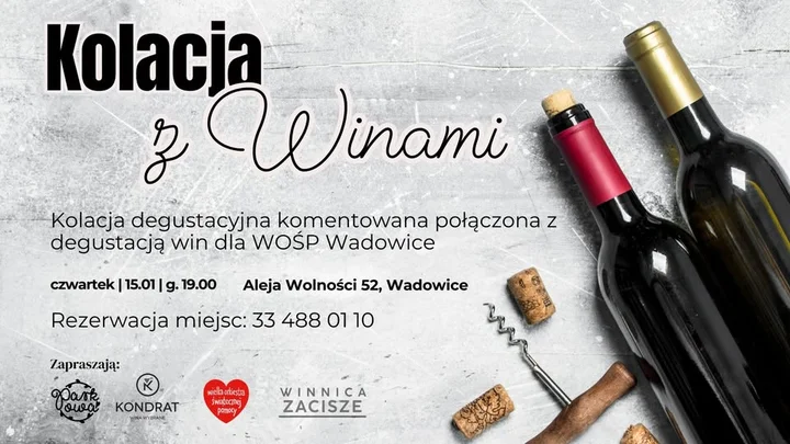 Grafika promocyjna wydarzenia Kolacja z winami dla WOŚP Wadowice — kolacja degustacyjna 15 stycznia 2026