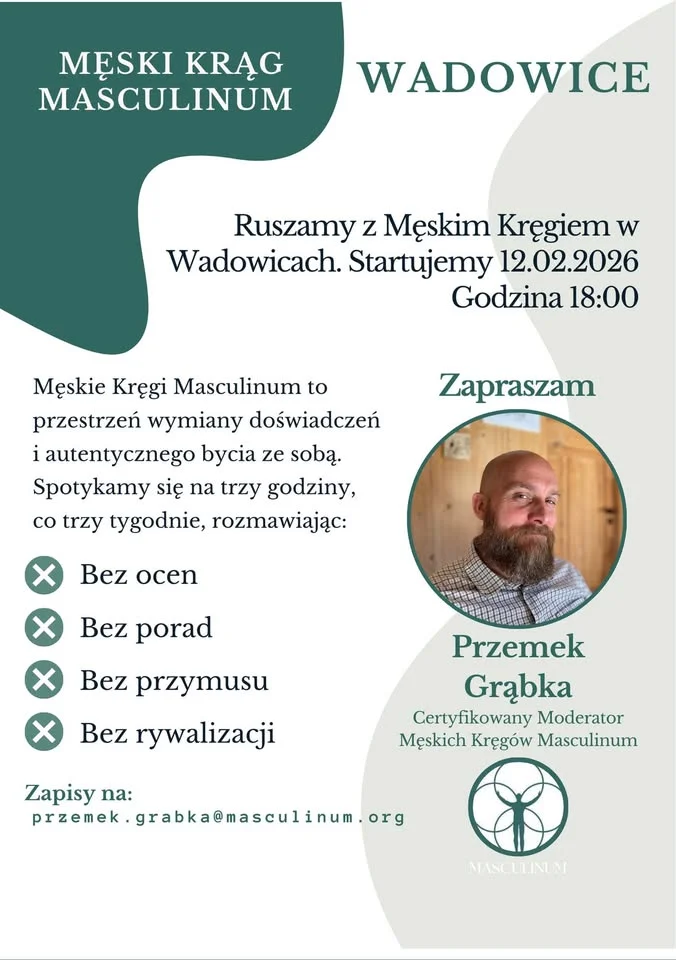 Grafika promocyjna wydarzenia Męski Krąg Masculinum - Wadowice: cykliczne spotkania mężczyzn