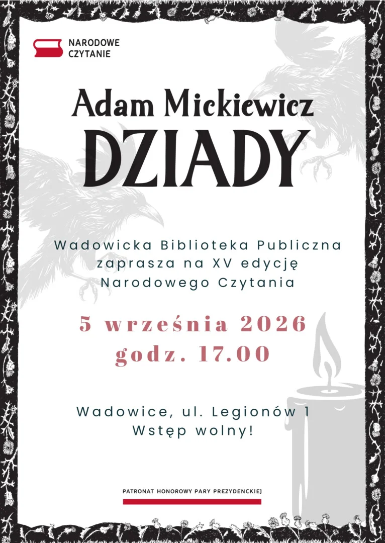 Grafika promocyjna wydarzenia Narodowe Czytanie 2026 – „Dziady” Adama Mickiewicza