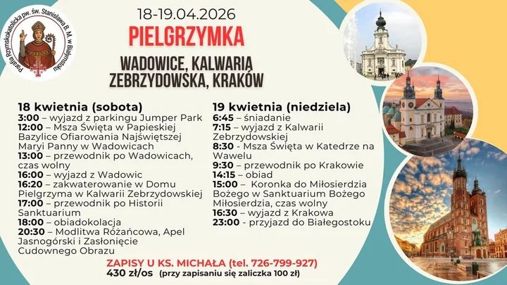 Grafika promocyjna wydarzenia Parafialna pielgrzymka — Wadowice • Kalwaria Zebrzydowska • Kraków • Łagiewniki