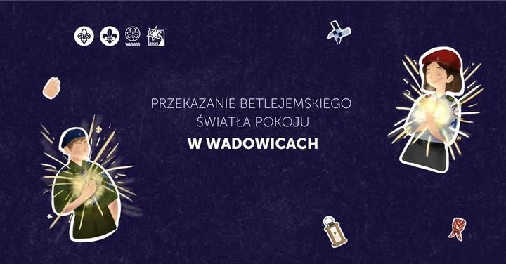 Grafika promocyjna wydarzenia Betlejemskie Światło Pokoju — przekazanie w Wadowicach (20 grudnia 2025)