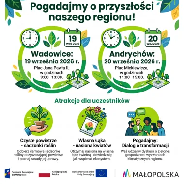 Grafika promocyjna wydarzenia Pogadajmy o ekologii i transformacji energetycznej – konsultacje na wadowickim Rynku