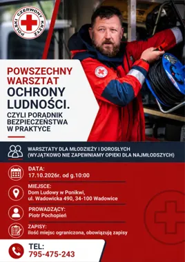 Grafika promocyjna wydarzenia Powszechny Warsztat Ochrony Ludności. Poradnik Bezpieczeństwa w Praktyce