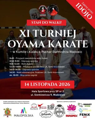 Grafika promocyjna wydarzenia XI Turniej Oyama Karate w Kumite i Kalaki o Puchar Burmistrza Wadowic