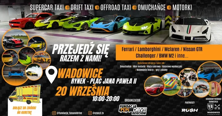 Supersamochody na rynku w Wadowicach. Przejazdy pomogą kupić karetkę dla dzieci